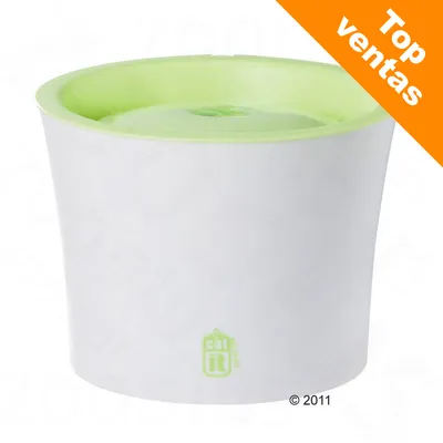 Fuente Catit blanca con borde verde claro. Esquina superior derecha: texto 'Top ventas' en fondo naranja.