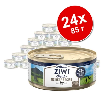 Консервы Ziwi Peak NZ Beef Recipe для кошек, 24 банки по 85 г. На упаковке: 92 % мяса, органов и зелёных мидий. Видна надпись на английском языке.