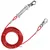 Cable rojo enrollado con dos mosquetones metálicos y un muelle de acero visible en uno de los extremos. Material: metal y cable recubierto.