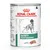 Konzerva Royal Canin Satiety Weight Management Veterinary, obrázek psa, text: LOAF PAŠTET, bílá plechovka s červeným a zeleným nápisem.
