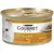 Purina Gourmet Gold консервированный корм для кошек с курицей и печенью, золотая упаковка, изображение кусочков корма и белой кошки.