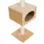 Cat tree with beige plush cover, square base plate, sisal post and enclosed cave with oval entrance.