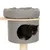 Kratzbaum mit grauem Stoffbezug, runder Höhle und gepolsterter Liegefläche oben. Schwarze Katze schaut aus der Höhle heraus.