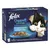 Purina Felix Doppelt Lecker Délicieux Duos cat food, selection of fish in jelly, 12x pouches. Visible text in German and French. Image shows a black and white cat and a bowl of food.