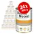 Set 24x400 g Dolina Noteci Premium, bogată în KACZKĘ z dynią. Ingrediente vizibile: ou, busuioc, dovleac, ulei de in. Text polonez pe ambalaj.