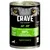 Blik Crave natvoer, tekst: 'CRAVE - Satisfy Their Nature', 100% natuurlijk lams- & rundvlees, hoogwaardige eiwitten, pastete. Tekst in Duits en Pools zichtbaar op het etiket.