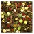 Close-up of mixed dried pet food containing green leaves, red pellets, yellow corn pieces, seeds and various plant ingredients.
