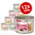 animonda Carny Adult mixed cat food cans, visible flavours include Rind, Pute + Shrimps. Red badge shows 12x200g. Labels show '100% frische Zutaten • Ohne Getreide'. Cat image on each can.