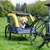 Yellow and blue bicycle trailer by Hafenbande with mesh windows, dog sitting inside. Trailer is attached to a bicycle, standing on grass.