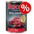 Conservă Rocco Real Hearts Beef 400 g, text vizibil: 'WITH WHOLE CHICKEN HEARTS', etichetă promoțională cu simbol procentual roșu.