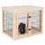Cage pour chien en bois clair et métal noir, porte à charnières, petit chien noir à l’intérieur. Poignées latérales visibles sur la cage.