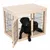 Niche ou cage pour chien en bois clair avec barreaux métalliques noirs, porte ouverte, chien noir à l’intérieur. Matériaux visibles : bois et métal.