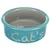 Turquoise keramische schaal met opschrift 'Cat's' en binnenin de tekst 'milk, cool fresh water'.