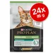 Purina Pro Plan Sterilised Adult macskaeledel, 24×85 g, szószban. Maintenance, segíti a húgyutak egészségét. Csomagoláson macskafotó és angol/német/francia leírás látható.