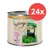 Feringa Country Style, Chicken with Pork & Lamb, Adult, 200g. Packung mit 24 Dosen. Illustration einer schwarzen Katze auf grünem Feld.