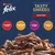 Purina Felix Tasty Shreds, cztery smaki: z wołowiną, kurczakiem, kaczką i indykiem w sosie. Zdjęcie produktu z kawałkami mięsa w sosie.