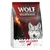 Wolf of Wilderness Elements Fiery Volcanoes, Single Animal Protein, With Silicate Minerals, 1 kg. Ορατή συσκευασία τροφής με εικόνα λύκου και ηφαίστειο στο φόντο.
