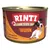 RINTI Gold mit Huhn, getreidefrei, in feinen Stücken. Abbildung einer Dose mit Hund und Produktbeschreibung.