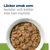 Text: Läcker smak som hundar och katter inte kan motstå. Skål med våtfoder, synliga bitar av kött, morot och ärtor.
