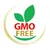 GMO FREE (κείμενο στα αγγλικά) με δύο πράσινα φύλλα πάνω από το κείμενο