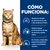 Texto: Cómo funciona. Disuelve los cálculos de estruvita en 7 días (media de 27 días). Reduce el riesgo de formación de cálculos de estruvita y oxalato cálcico. Beneficios para gatos con problemas urinarios.