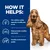 Informational image listing benefits: supports healthy skin and coat, helps promote a healthy skin barrier, provides excellent stool quality. Dog shown beside the text.
