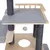 Cat tree made of wood with grey felt pads, sisal-wrapped posts and hanging play ball. Multiple levels and cut-out in the lower platform visible.