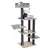 Cat tree with multiple levels, grey fabric lounging areas and sisal-wrapped posts. Two cats playing on the top platforms.