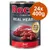 Rocco Real Hearts Rind mit ganzen Hühnerherzen, 24x400g. Dose zeigt Fleischstück und Hühnerherzen. Text: It's Meat Time, Beef, Rind, Boeuf.