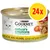Confezione da 24x Purina Gourmet nature's creations, reich an huhn, garniert mit spinat und tomaten. Immagine di un gatto bianco e cibo con pomodoro visibili sulla lattina.