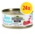24x lattina Greenwoods Delight Tuna Temptation 70 g, ricetta senza cereali, ingredienti limitati, 75% filetto di tonno. Testo in inglese sull'etichetta.