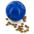 Blue feeding ball with opening, dispensing small brown and orange dry food pieces.