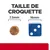 Taille de croquette : diamètre 7,5 mm comparé à un dé bleu de 16 mm. Texte visible : TAILLE DE CROQUETTE, 7.5 mm, 16 mm. Taille de croquette : diamètre 7,5 mm comparé à un dé bleu de 16 mm. Texte visible : TAILLE DE CROQUETTE, 7.5 mm, 16 mm.