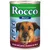 Rocco Menue våtfoder för hund, 400 g. Synlig text: Rind mit Lamm, Gemüse & Reis. Ikoner med tysk text: AKTIVEN STOFFWECHSEL, GLÄNZENDES FELL, KRAFT & ENERGIE.