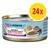 Feline Porta 21 Whole Tuna Meat with Shirasu, 24x. Teksti: 'ohne zuckerzusatz no added sugar'. Kuvassa kissanruokapurkki ja kissa ruoka-annoksen vieressä. Feline Porta 21 Whole Tuna Meat with Shirasu, 24x. Teksti: 'ohne zuckerzusatz no added sugar'. Kuvassa kissanruokapurkki ja kissa ruoka-annoksen vieressä.
