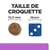 Taille de croquette : diamètre 10,5 mm comparé à un dé bleu de 16 mm. Texte visible : TAILLE DE CROQUETTE, 10,5 mm, 16 mm.