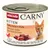 Animonda Carny Kitten Kalb, Huhn + Pute. 100% frische Zutaten, ohne Getreide & Zucker, mit Taurin. Abbildung von Fleischstücken und einer orangefarbenen Katze.