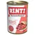 Blik Rinti Kennerfleisch mit Rind getreidefrei, afbeelding van rundvlees en orgaanvlees op de voorkant. Tekst: 'Seit 1983 Original'.