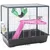Small animal cage with metal grid, pink platform and ramp, green hammock, water bottle from Biba and metal food bowl.