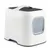 White cat litter box with carrying handle, black lid and transparent entrance door.