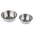 Two stainless steel bowls with blue lettering 'In the mood for food', one larger, one smaller.
