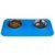 Double bowl set with blue silicone mat, left bowl filled with dry food, right bowl empty stainless steel.