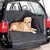 Hund i bilens bagageutrymme på svart skyddsmatta av tyg, täcker golv och sidor. Skyddet är anpassat för att skydda bilen vid transport av husdjur.