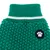Green knitted jumper with white stripe on collar and black patch with paw print.