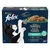 Boîte Purina Felix Délices Tranchés, sélection de poissons en gelée, 90 % protéines animales, cuit à la vapeur. Texte : saumon, thon, cabillaud, carrelet. 12 sachets visibles.