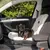 Hund mit gepunktetem Geschirr sitzt auf einem Autositz mit beigem Schutzbezug. Schutzbezug trägt das Label 'AniOne'.
