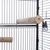 Perchoirs en bois fixés à l’intérieur d’une cage métallique noire, vue rapprochée sur les barres et le système de fixation.