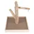 Wooden frame with two branches and metal rings on a square wooden base, suitable for bird toys or accessories.