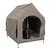 Bruine hondentent met metalen frame, open ingang en een teckel binnenin. Tent biedt bescherming en comfort voor honden.