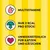 Текст на немецком: MULTIVITAMINE, NUR 2 KCAL PRO STÜCK!, UNWIDERSTEHLICH FÜR KATZEN UND KÄTZCHEN. Значки капли, весов и сердца.